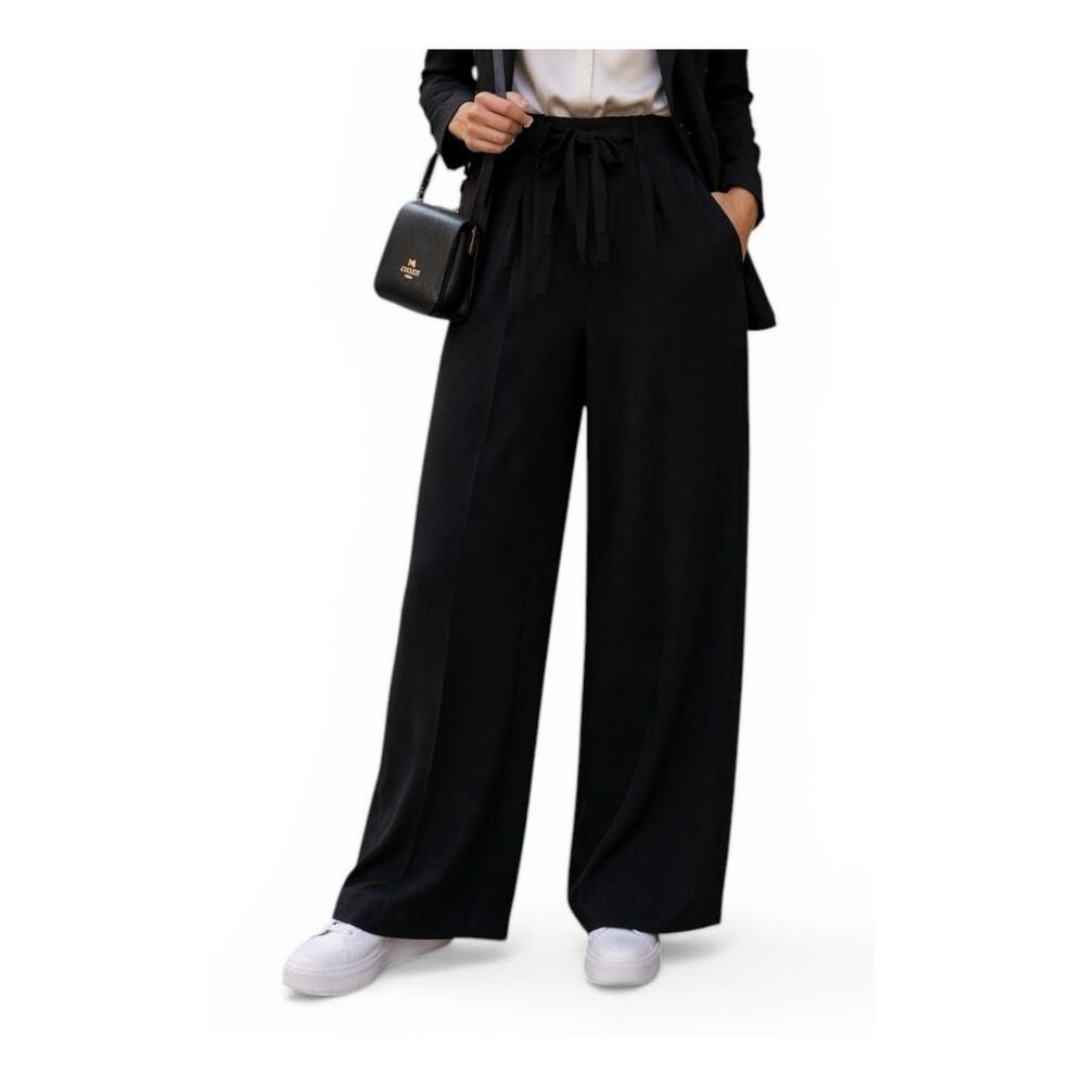Black Wide Leg Bow Tie Waist Pants Minimal Tailored Size Small